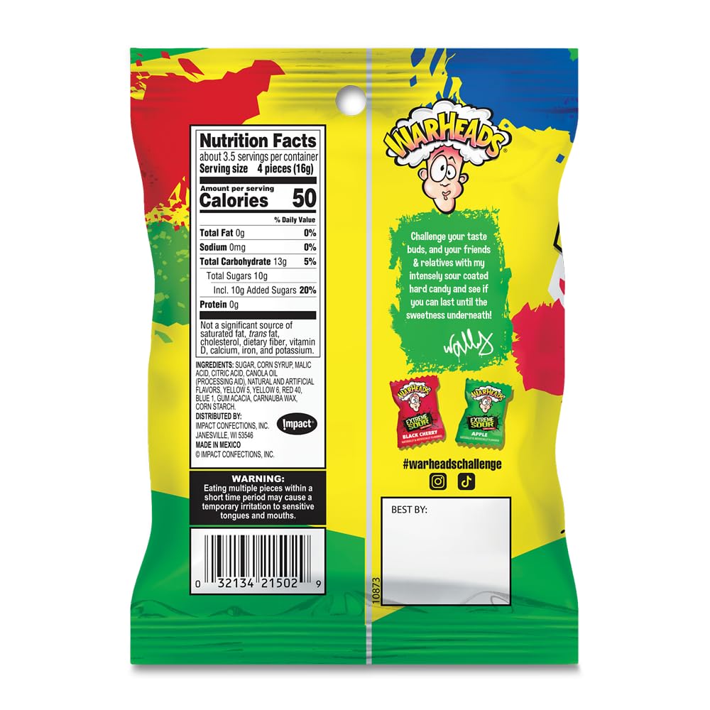 Warheads Extreme Sour Hard Candy Assorted Flavors 2 oz Bags 3 Pack - Sour Apple, Black Cherry, Blue Raspberry, Lemon, Watermelon