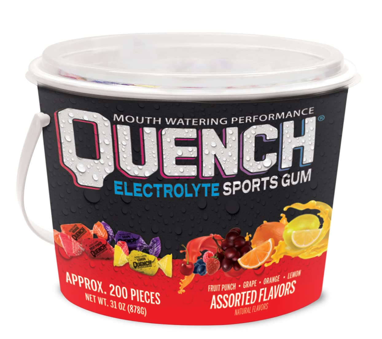 MUELLER Quench Gum Variety Bucket, Electrolytes Chewing Gum, 200 Count, Assorted Fruity Flavors, Model 17500