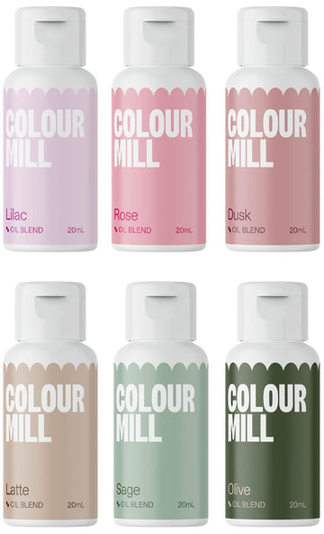Colour Mill Botanical Oil-Based Food Coloring, 20 Milliliters Each Of 6 Colors: Dusk, Latte, Lilac, Olive, Rose & Sage, 120.0 Gr