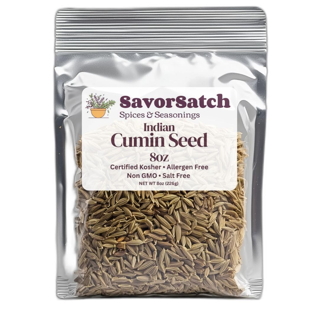 SavorSatch Whole Cumin Seeds - 8oz Stand-Up Resealable Pouch | Indian Origin, ETO Treated, Certified Kosher, Non-GMO, Aromatic a