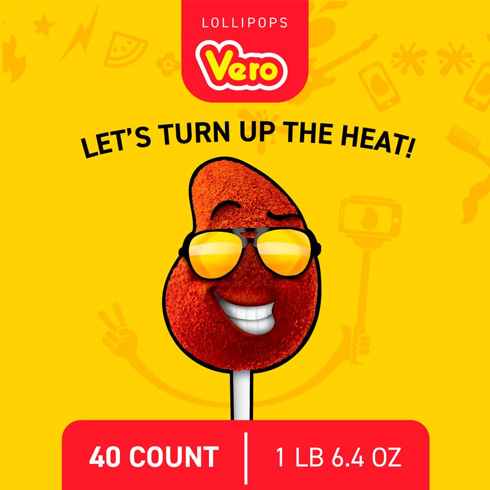 Vero Mango Lollipops Coated With Chili Powder, Hot And Sweet Candy Treat, Artificially Flavored, Net Wt. 1.39 Pound, 40 Count Ba