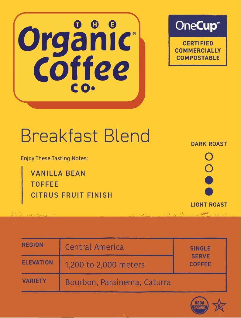 THE ORGANIC COFFEE CO. Coffee Pods - Breakfast Blend, Medium Roast, K Cup Compatible, 12 Count, USDA Organic