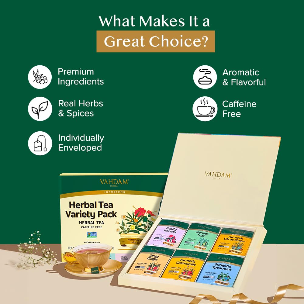 VAHDAM Herbal Tea Sampler - Caffeine-Free, Non-GMO, 36 Tea Bags, 6 Flavors, Assorted Tea Gift Set