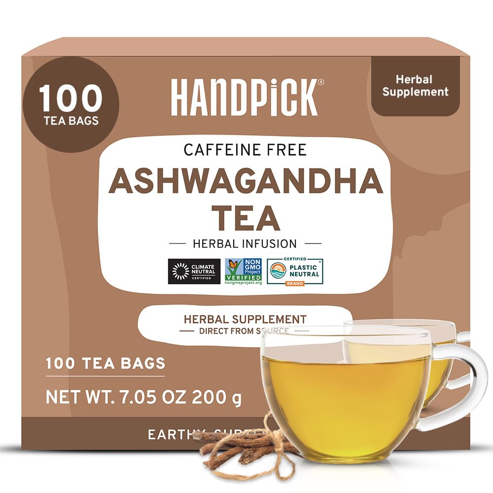 HANDPICK  Ashwagandha Root Tea (100 tea Bags) - Herbal dietary product - For Health & Wellbeing - With Antioxidants & Minerals - Caffeine Free  Gluten Free  Packed in Ecofriendly Tea Bags