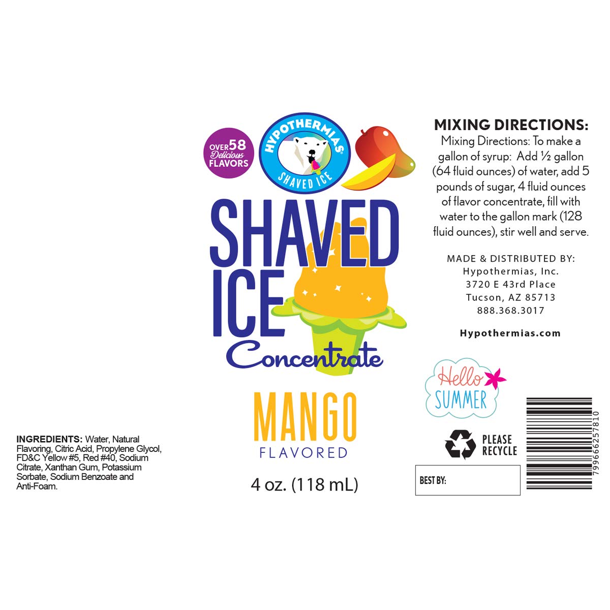 Hypothermias Shaved Ice And Snow Cone Syrup Unsweetened Flavor Concentrate - 4 Fl Oz - Makes 1 Gallon Of Ready To Use Syrup - Ma
