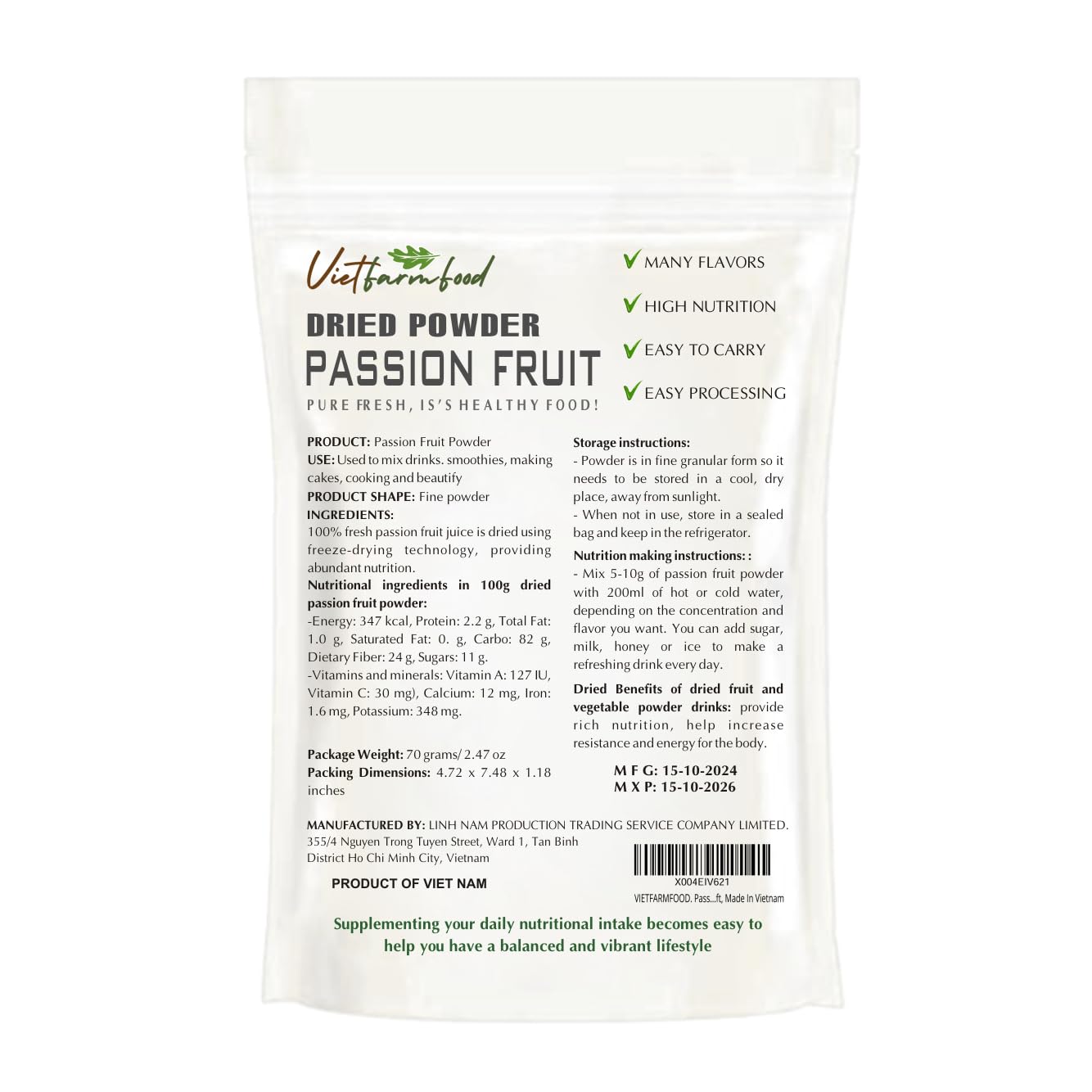 Passion Fruit Powder 2.47 Oz (70G) Vietfarmfood: Freeze-Dried Extracted From 100% Pure, Sugar-Free. Used To Mix Mixed Drinks Fre
