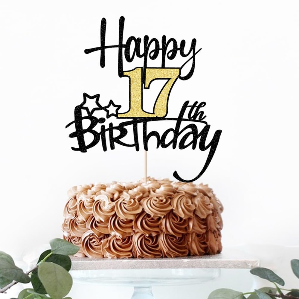 Kaoenla Black Gold Glitter Happy 17Th Birthday Cake Topper - Hello 17/Cheers17,Happy Seventeen Birthday Anniversary,17 Years Old