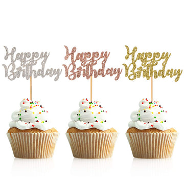 Donoter 48 Pcs Glitter Happy Birthday Cupcake Toppers Cake Picks For Birthday Party Decoration Supplies