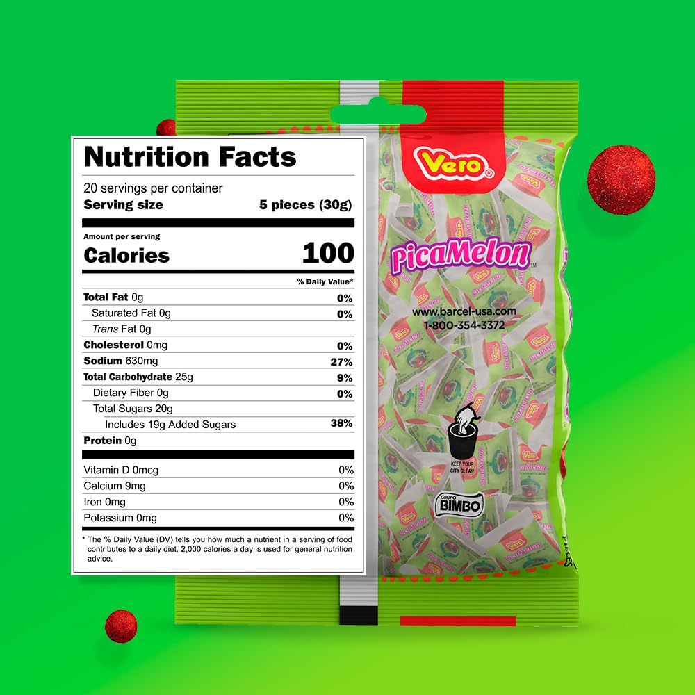 Vero Picamelon - Watermelon Flavored Chewy Gummy Treats Coated in Chili Powder 100 Pieces (Net Wt. 1 Lb, 5,15 Ounces) - Individu