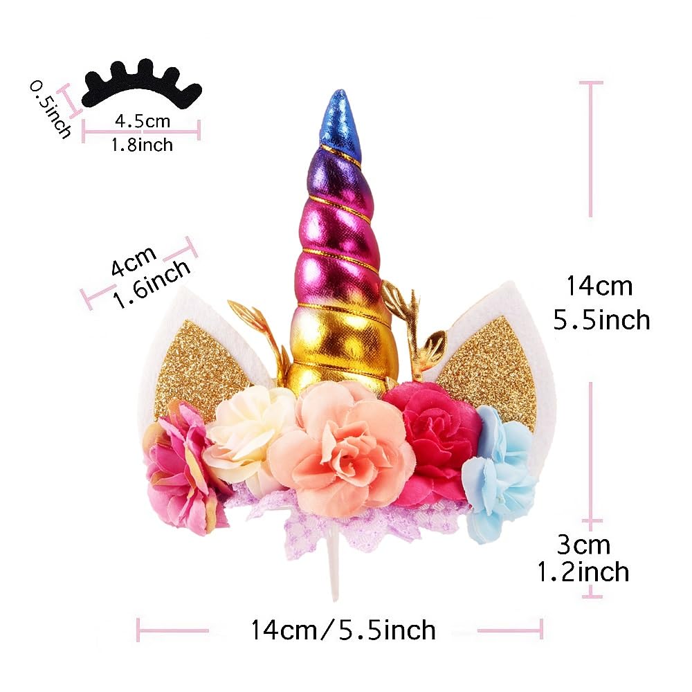Nishine Rose Floral Unicorn Cake Topper Birthday Party Cake Decoration (Rainbow)
