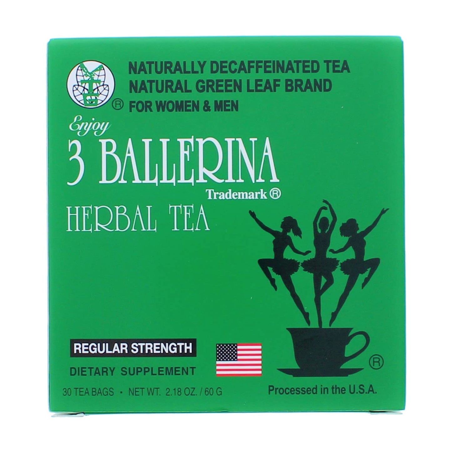3 Ballerina Natural Green Leaf Diet Tea, Caffeine Free, Regular Strength, 30 Bags, Pack of 3