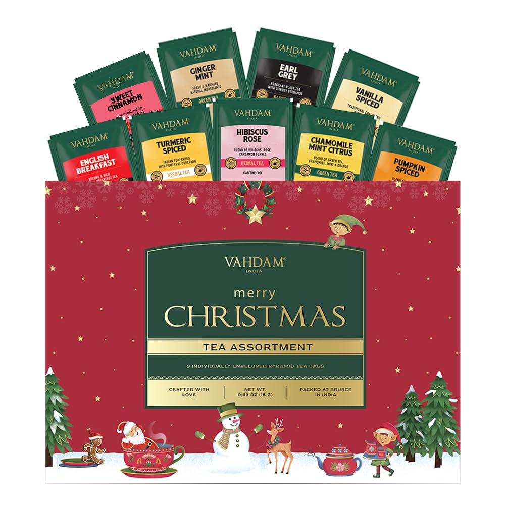VAHDAM  Merry Christmas Tea Gift Set (9 Individually Wrapped Tea Bags) Limited Edition -Gluten Free  Non GMO | Christmas 2025 Gift Ideas | Christmas Gifts For Women 2025 & Christmas Gifts For Men 2025