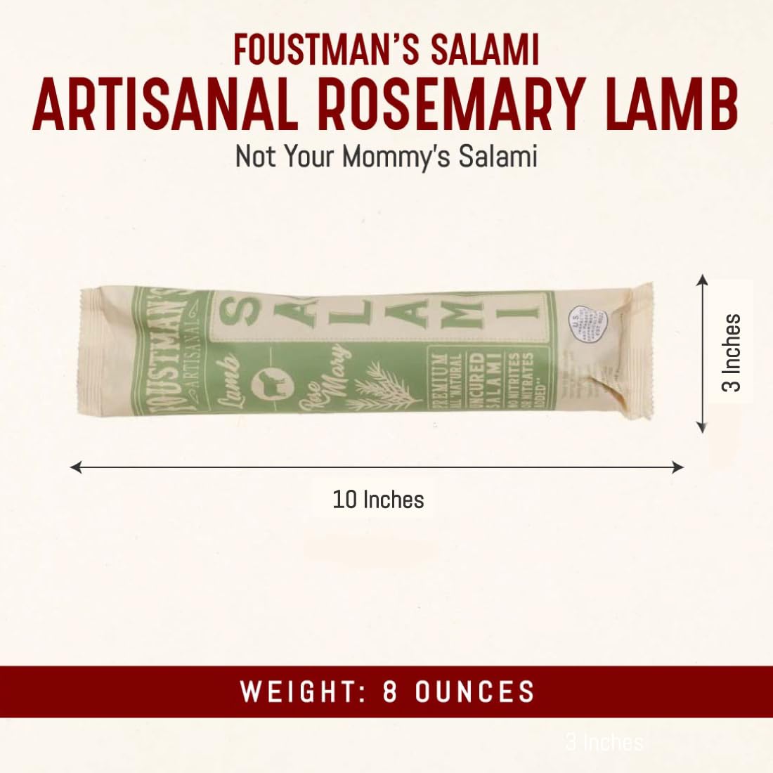 Foustman'S Salami Rosemary Lamb Artisanal, Nitrate-Free, Naturally Cured, Gluten-Free, Dairy-Free, No Pork, Pack Of 6, 8 Oz Each