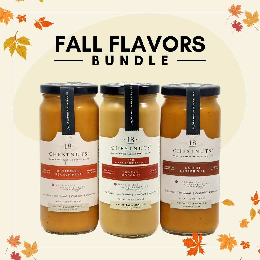 18 Chestnuts Plant Based Soup - Fall Bundle Box: Pumpkin Coconut, Carrot Ginger Dill, & Butternut Squash Pear Soup Bundle, Plant