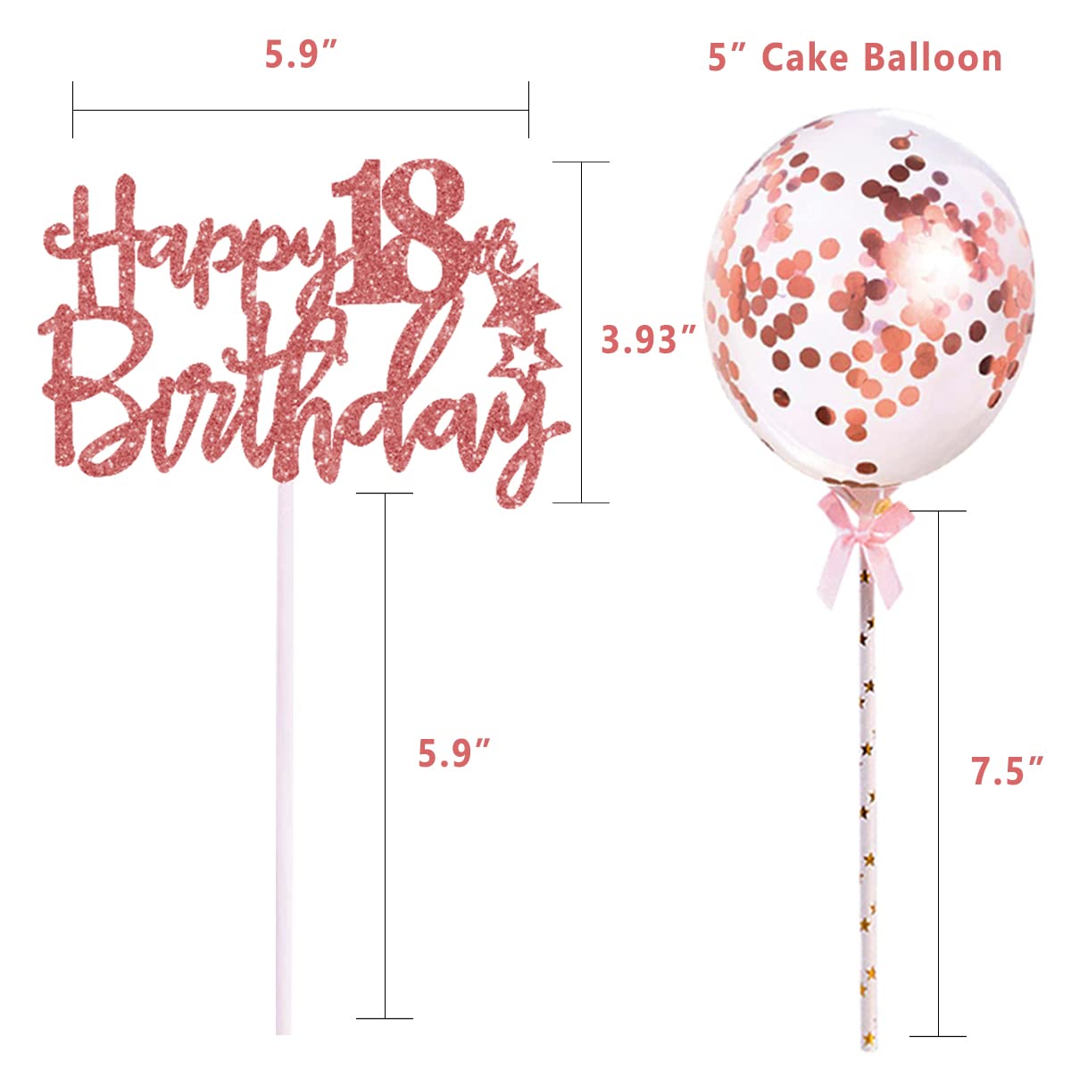 Iealods 18Th Happy Birthday Cake Topper, Rose Gold Glitter 18Th Birthday Cake Topper With Balloon Cake Topper For Girl Birthday