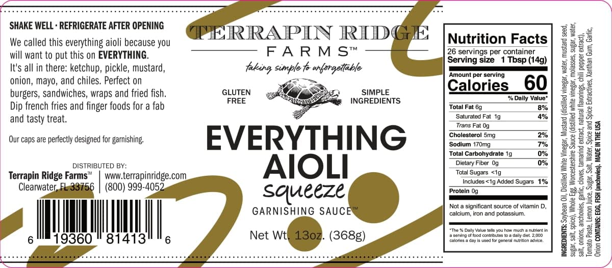 Terrapin Ridge Farms Everything Aioli Gourmet Squeeze Sauce, Bold & Creamy, 13 oz Bottle