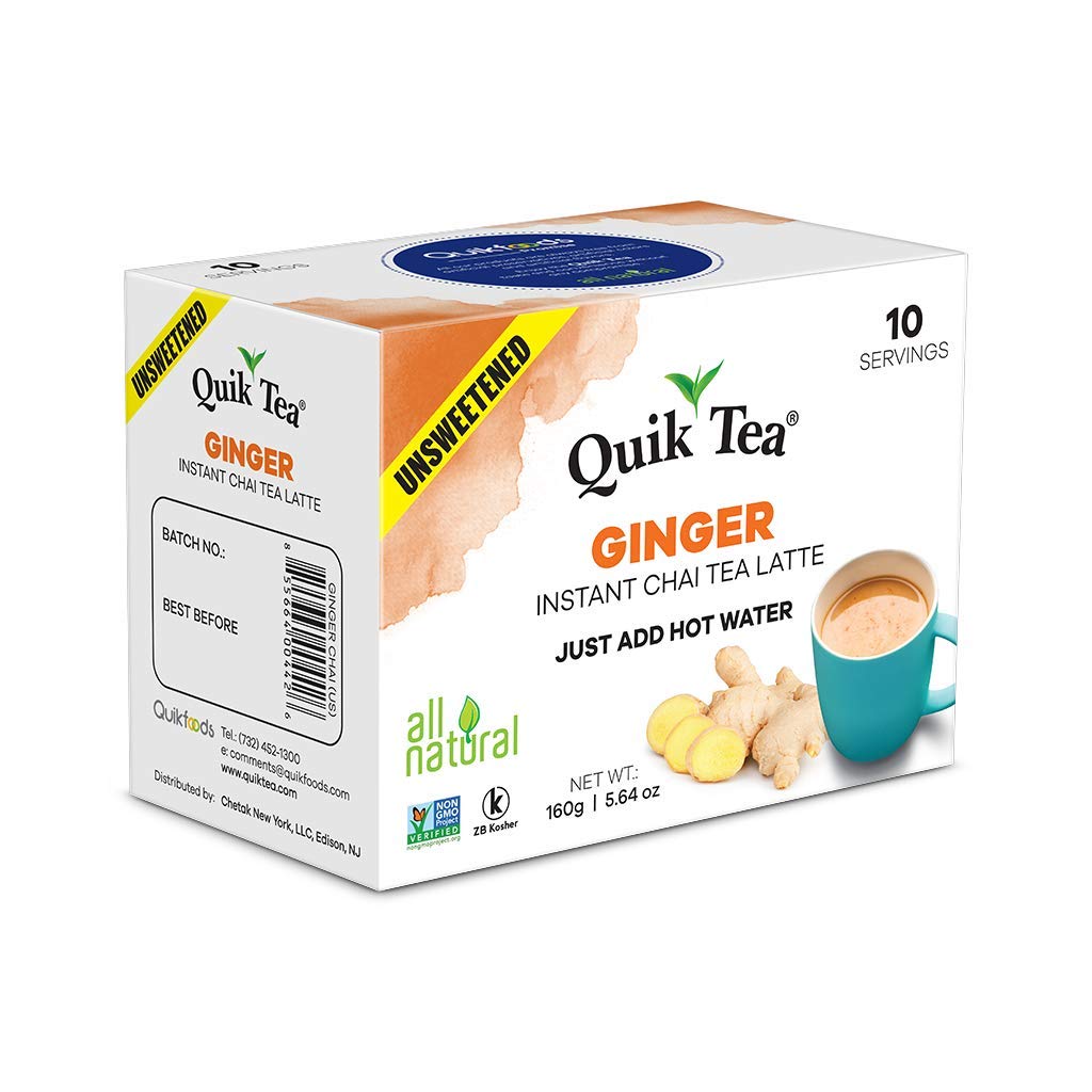 QuikTea Unsweetened Ginger Chai Tea Latte - 10 Count Single Box - All Natural & Preservative Free Authentic Instant Chai