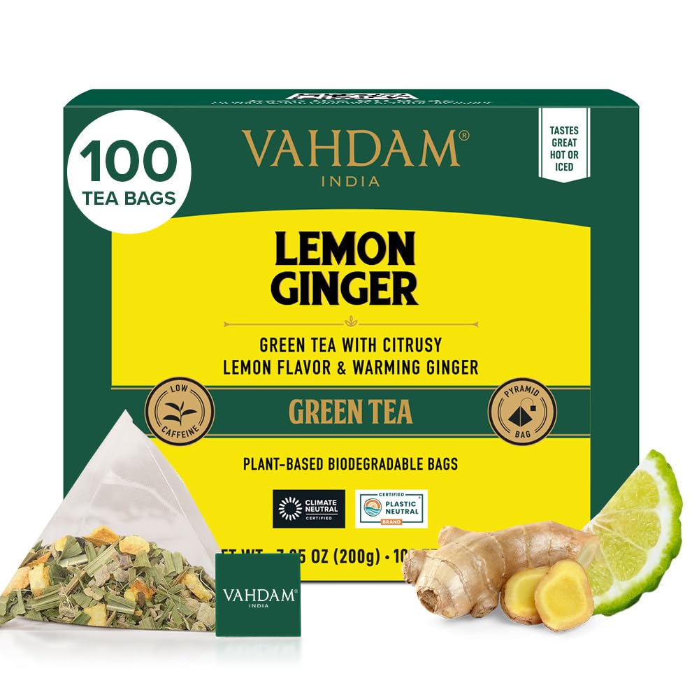 VAHDAM Lemon Ginger Green Tea Bags, 100 Count, Non-GMO, Gluten Free, Fruity Flavor, Resealable Ziplock Pouch