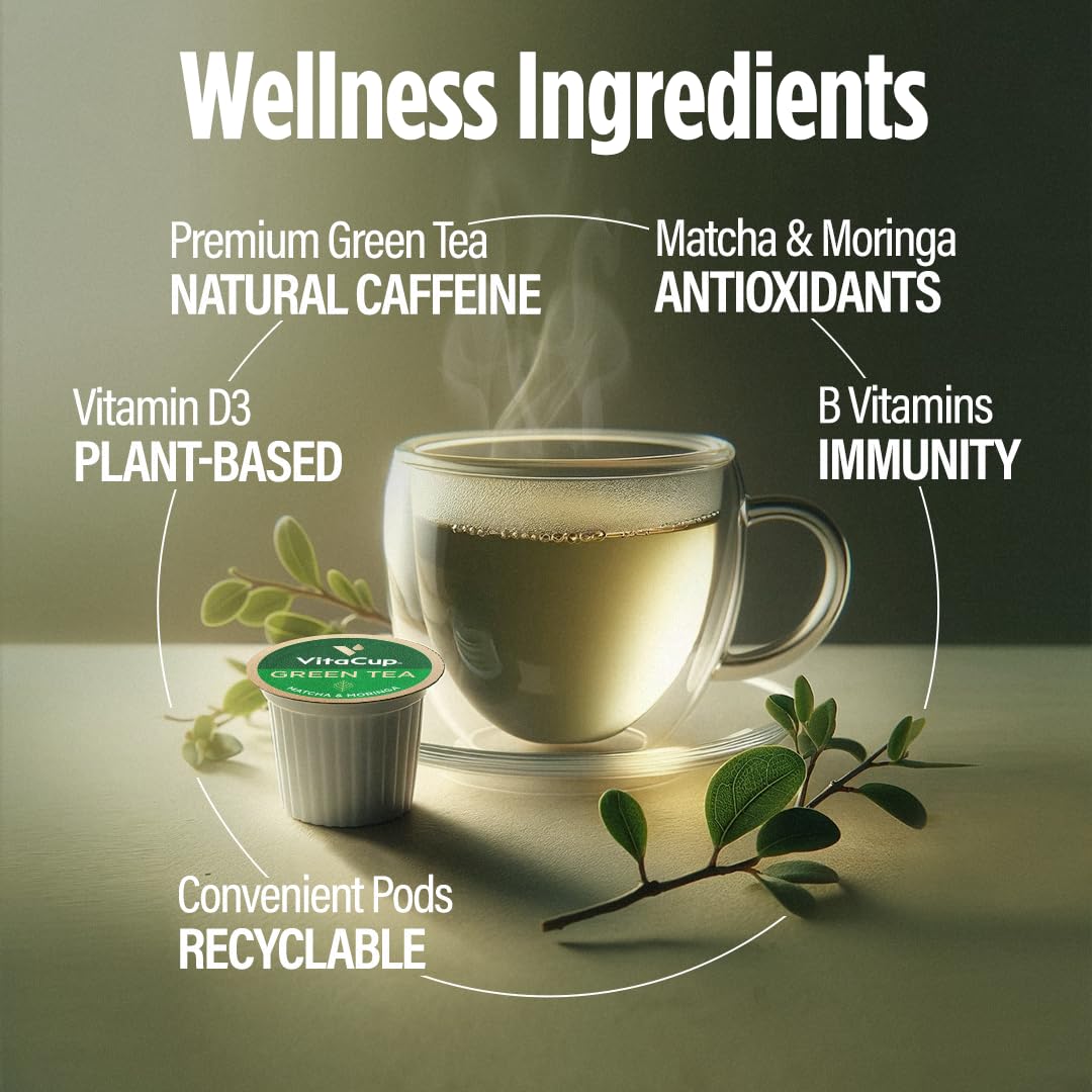 VitaCup Green Tea Pods, Matcha & Moringa, 16 Count, Compatible with Keurig K-Cup malt-inspired