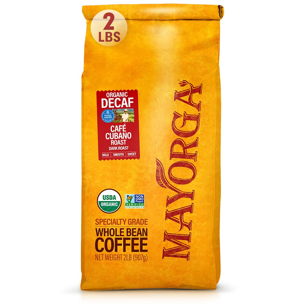 Mayorga Decaf Dark Roast Coffee 2Lb Bag Caf   Swiss Water Decaffeinated Cubano Roast Coffee - 100% Arabica Whole Coffee Beans -