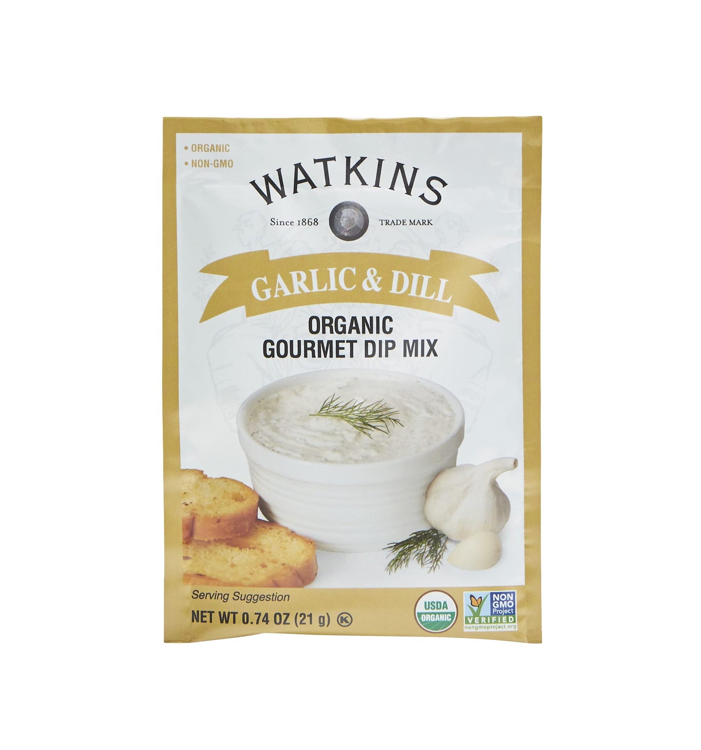 Watkins Organic Gourmet Dip Mix, Garlic & Dill, 0.74 Oz. Packets, 12-Pack