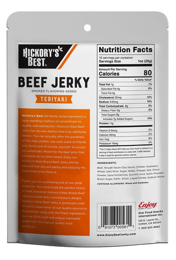 Hickory'S Best Teriyaki Beef Jerky 10 Oz (Pack Of 1) | Soft & Tender| Usa Made | High Protein | Low Fat | Zero Trans Fat | No Ms