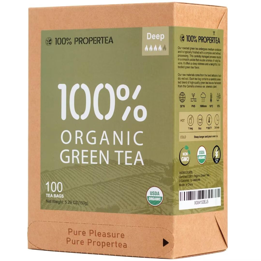 100% Propertea DEEP Organic Green Tea, Individually Wrapped, Caffeinated, Rich in Antioxidants, 100 Tea Bags