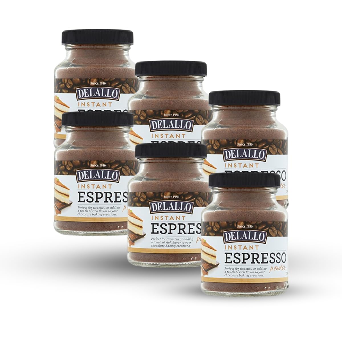 DeLallo Instant Espresso Powder, 1.94 Ounce Jar, 6 Pack, For Baking and Drinks,100% Dark Roast Coffee, Naturally Caffeinated, Non GMO