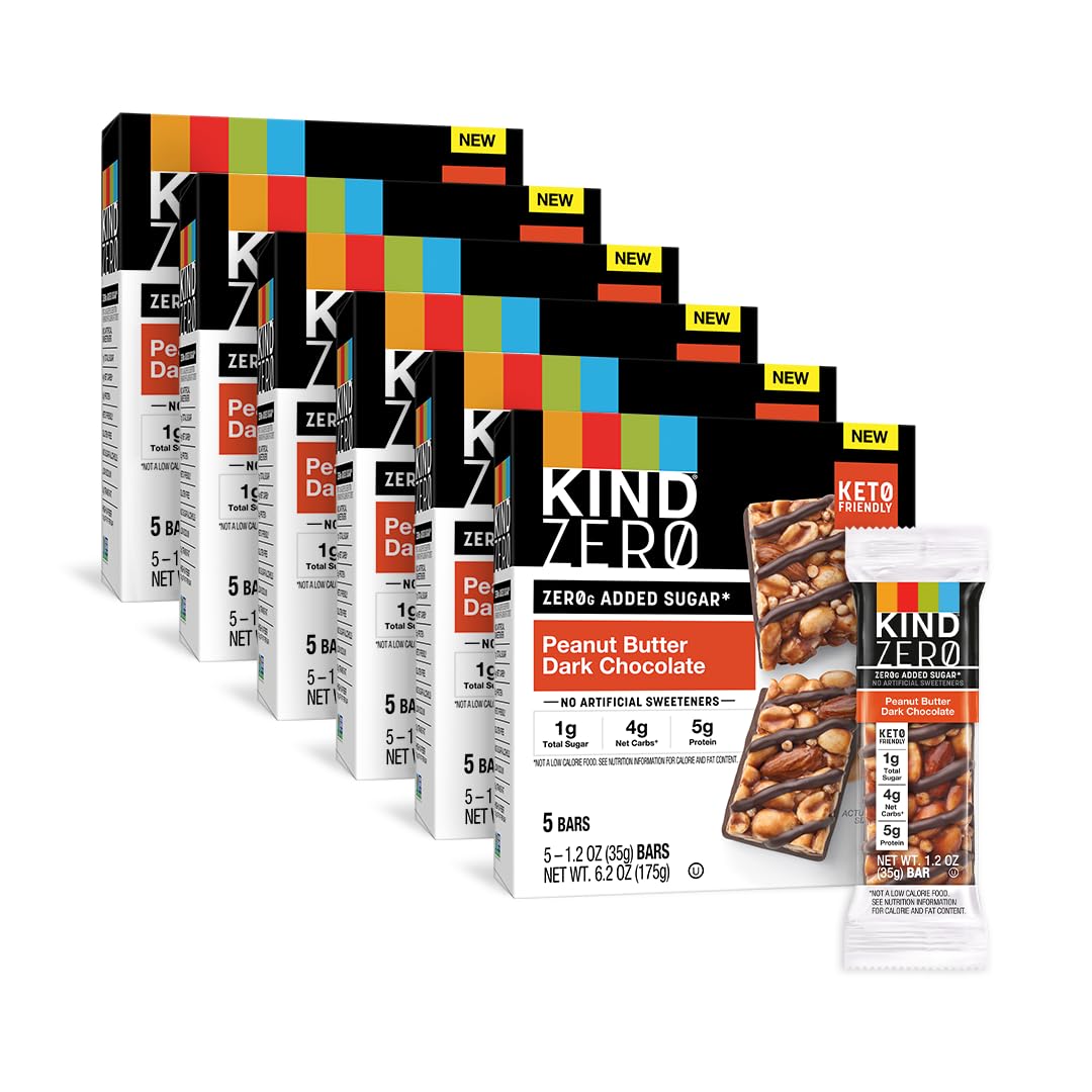 KIND ZERO Added Sugar Bars  Keto Snack  Peanut Butter Dark Chocolate  Good Source of Fiber  Gluten Free  Low Sugar  5g Protein  30 Count