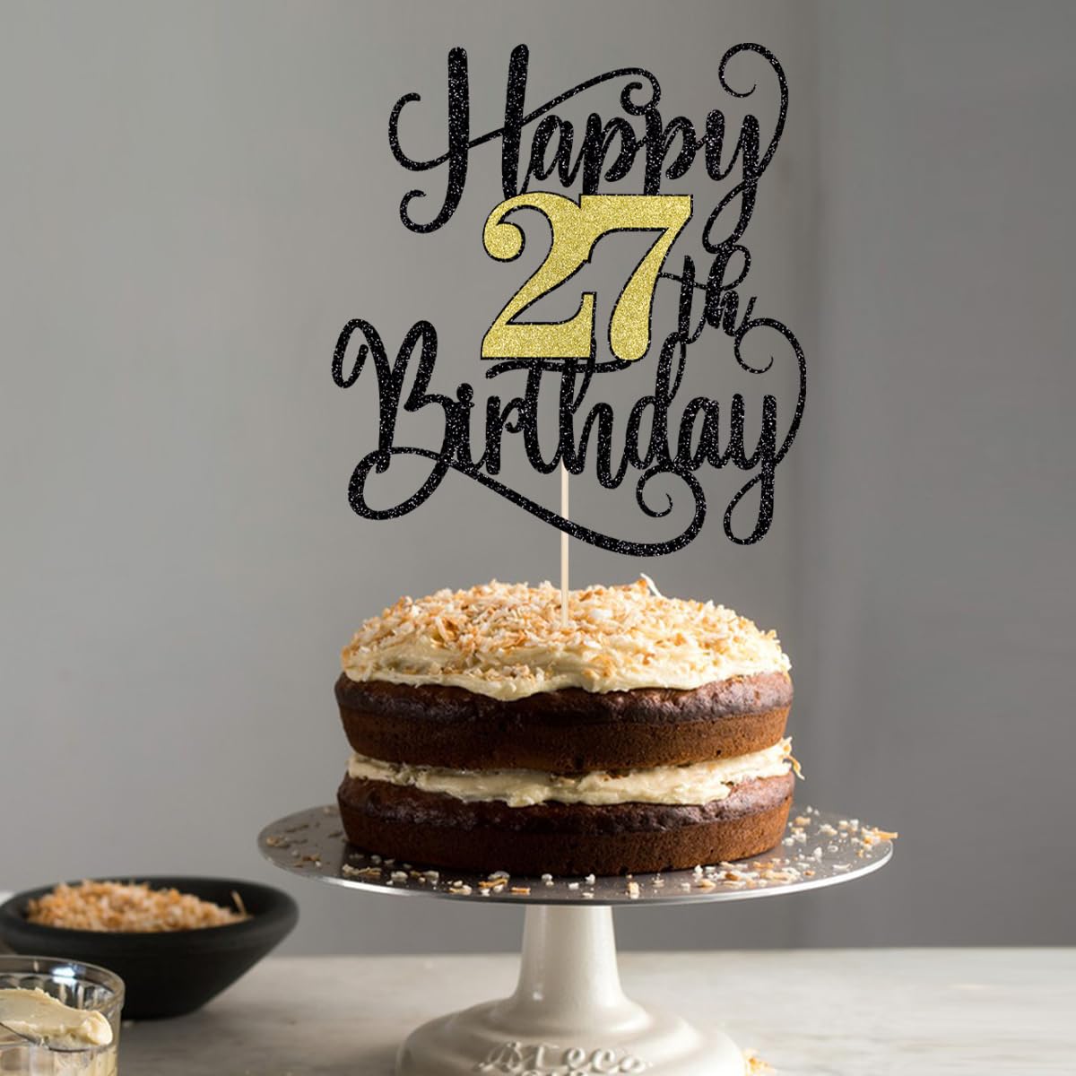 Happy 27Th Birthday Cake Topper, 27 Birthday Party Cake Decorations (Black And Gold Flashes, 27Th)