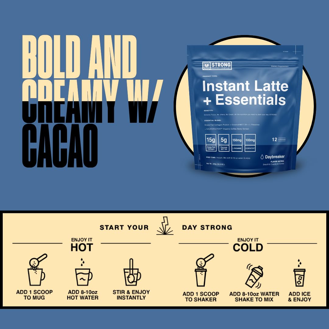 STRONG COFFEE COMPANY  DAYBREAKER  INSTANT CACAO LATTE - 12 Single Serving Packs  15g Protein  Instant Protein Coffee with Collagen  Adaptogens & Nootropics  No Crash  No Jitters