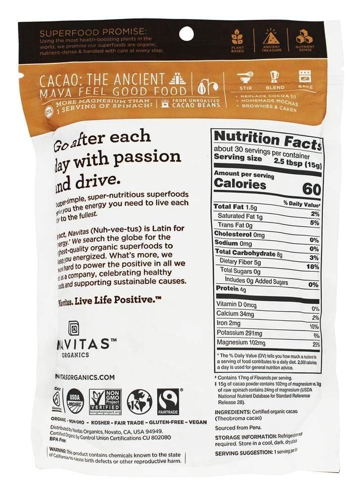 Navitas Organics Cacao Powder, Bags, 30 Servings, 1 Pound (Pack of 1), 16 Ounce