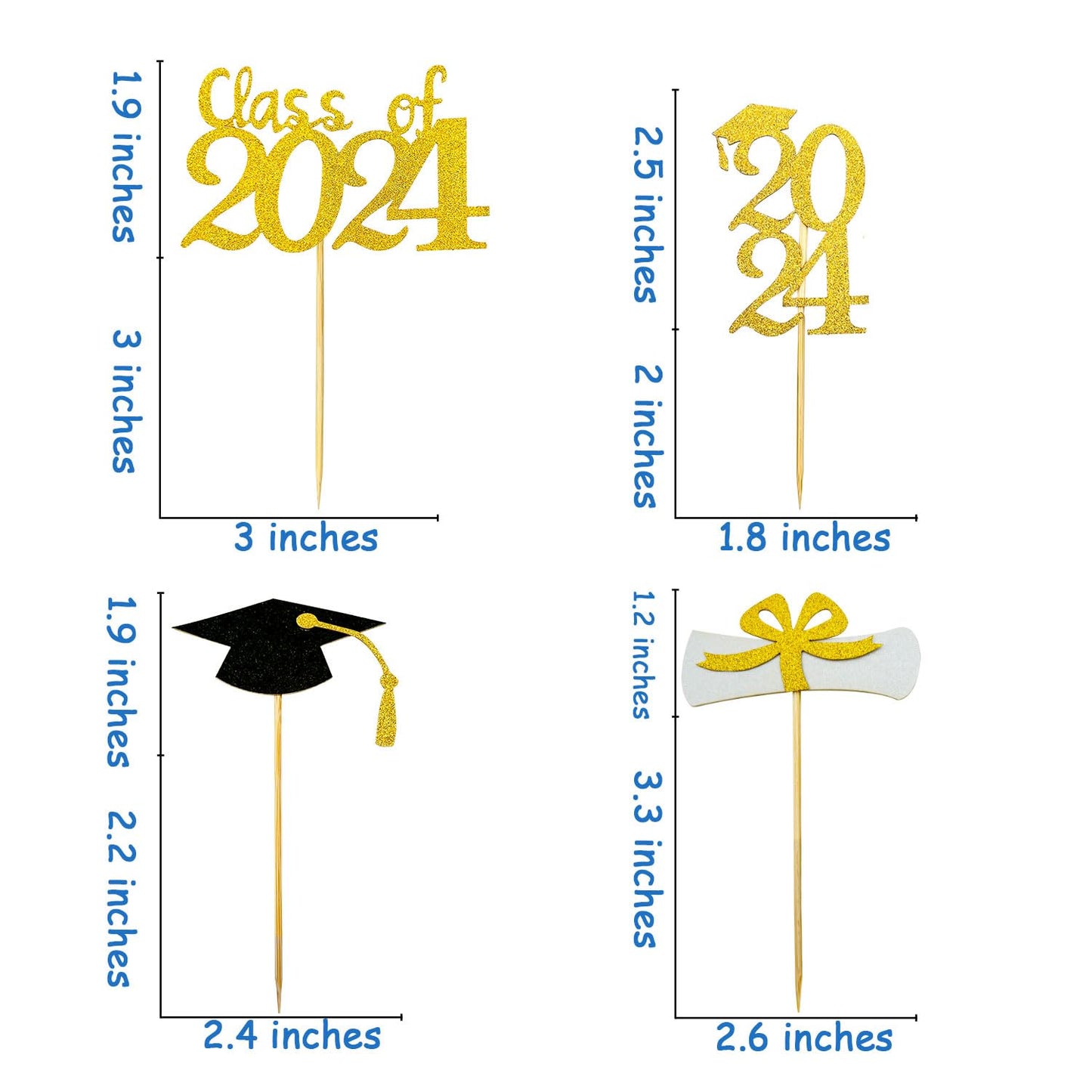 2024 Glittery Graduation Cupcake Toppers (48 Pieces) Gold And Black Class Of 2024 Graduation Cap Diploma Cupcake Toppers For Gra