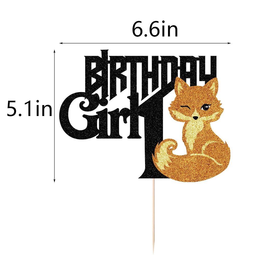 Black Glitter Birthday Girl 1 Cake Topper Animal Fox Theme Decoration,1St Birthday Girl Fall Woodland Forest Animals Cake Decor,