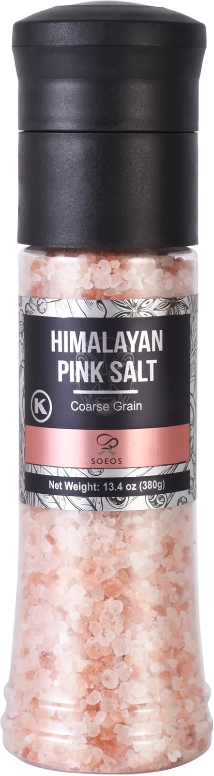 Soeos Salt Grinder Set  Himalayan Pink Salt  Coarse Grain  Salt for Grinder Refill  13.4 Oz (380g)  Refillable Plastic Bottle  Rock Salt  Kosher Salt Set (Pack of 1)