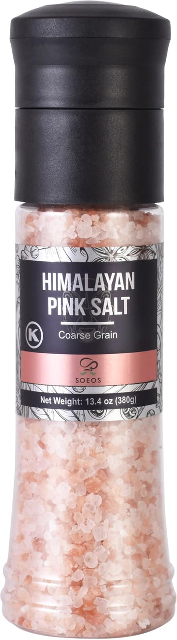 Soeos Salt Grinder Set  Himalayan Pink Salt  Coarse Grain  Salt for Grinder Refill  13.4 Oz (380g)  Refillable Plastic Bottle  Rock Salt  Kosher Salt Set (Pack of 1)