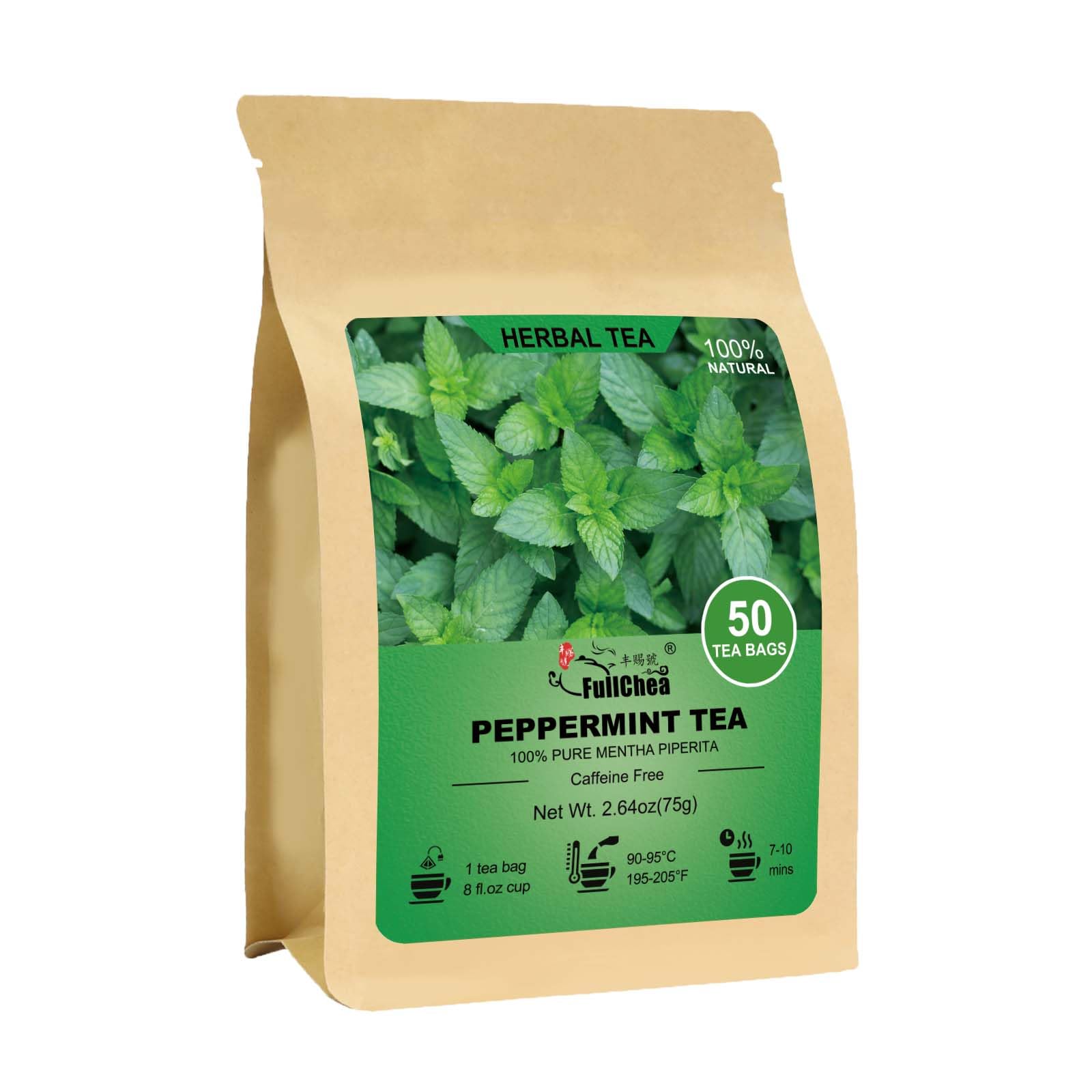 FullChea Peppermint Tea Bags - 50 Count - Premium Non-GMO Caffeine-free - Refreshing & Minty Taste