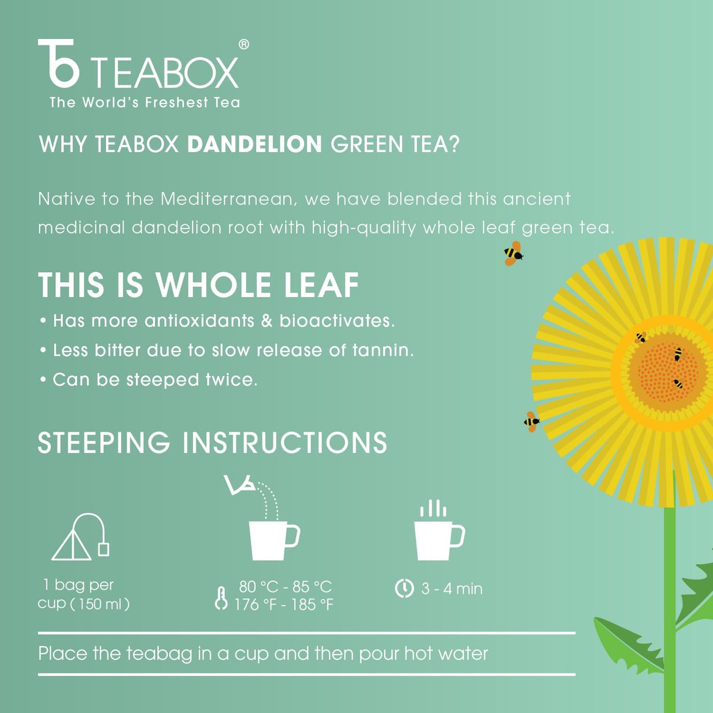 Teabox Enhanced Darjeeling Green Tea With Dandelion Roots | 100% Whole Leaf & 0% Bitterness | Green Tea From The Himalayas | 25 Tea Bags (Low Caffeine)