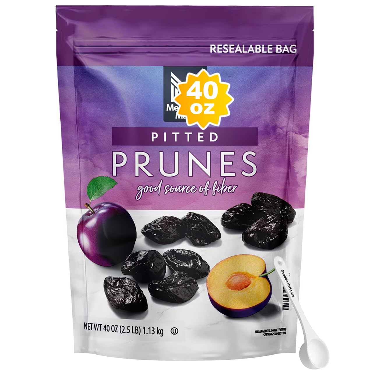 Pitted Prunes 40 Oz Value Bag + 5 Ml Measuring Spoon - Top-Grade Dried Fruit Snack Bundle  Fiber-Rich Prunes For Snacking & Baking