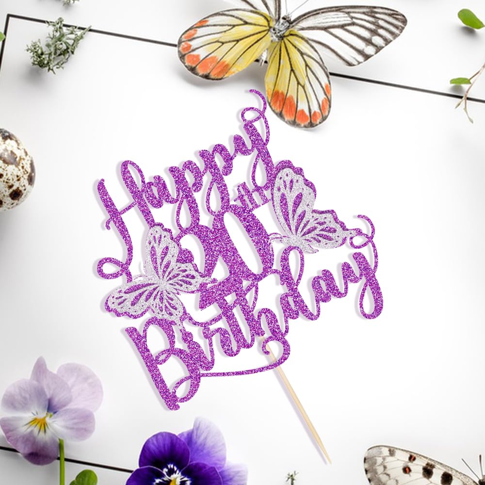 Kaoenla Butterfly Happy 20th Birthday Cake Topper, Purple Glitter 3D Decor