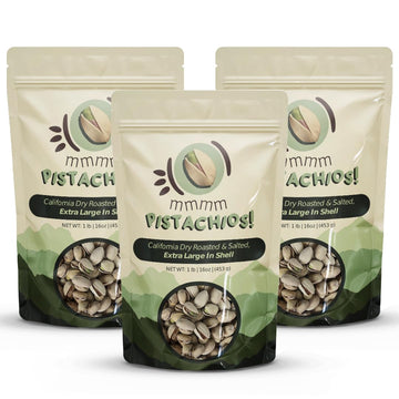 MMMM California Dry Roasted & Salted Extra Large In-Shell Pistachios, Gluten-Free, Non-GMO, Vegan, 1 Pound Snack