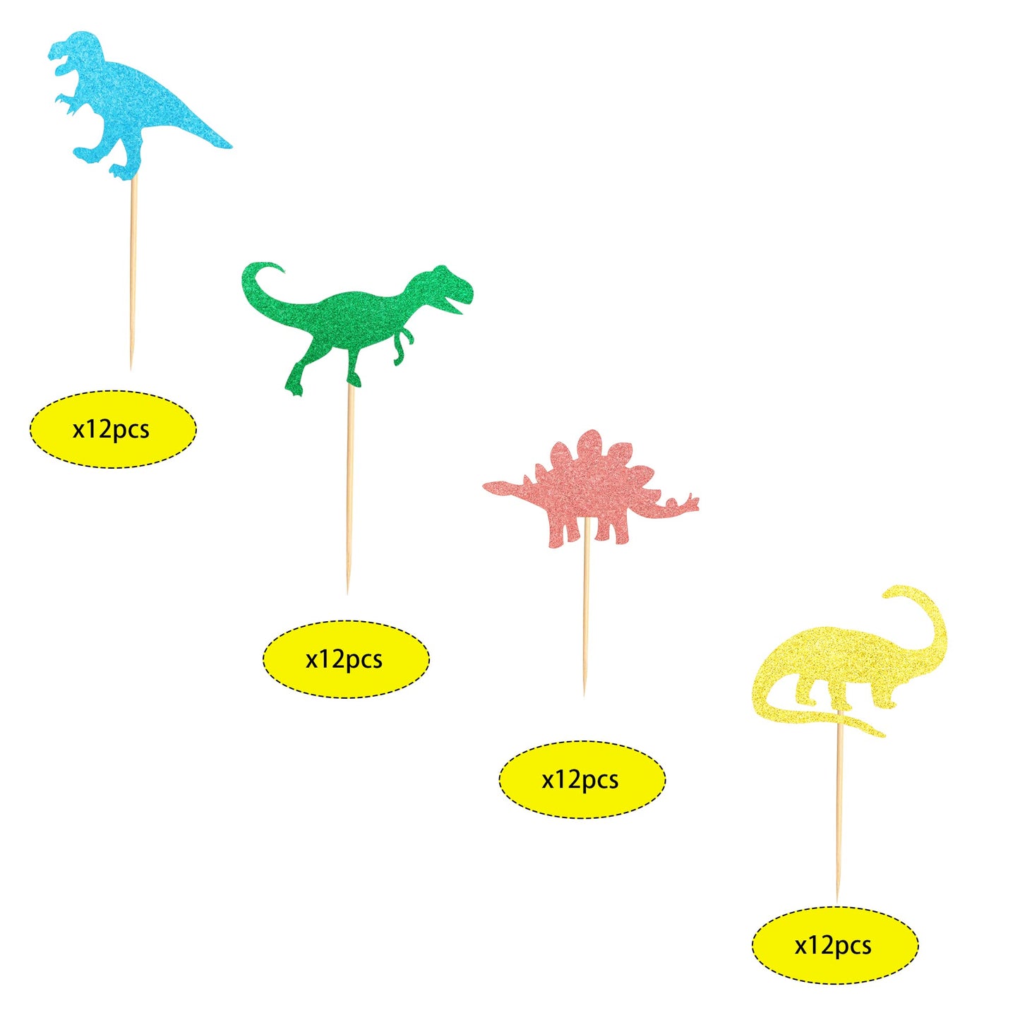 Arthsdite Pack Of 48 Glitter Pre-Assembled Dinosaur Cupcake Toppers Gold Green Dino Cupcake Picks Glitter For Kids First Birthda