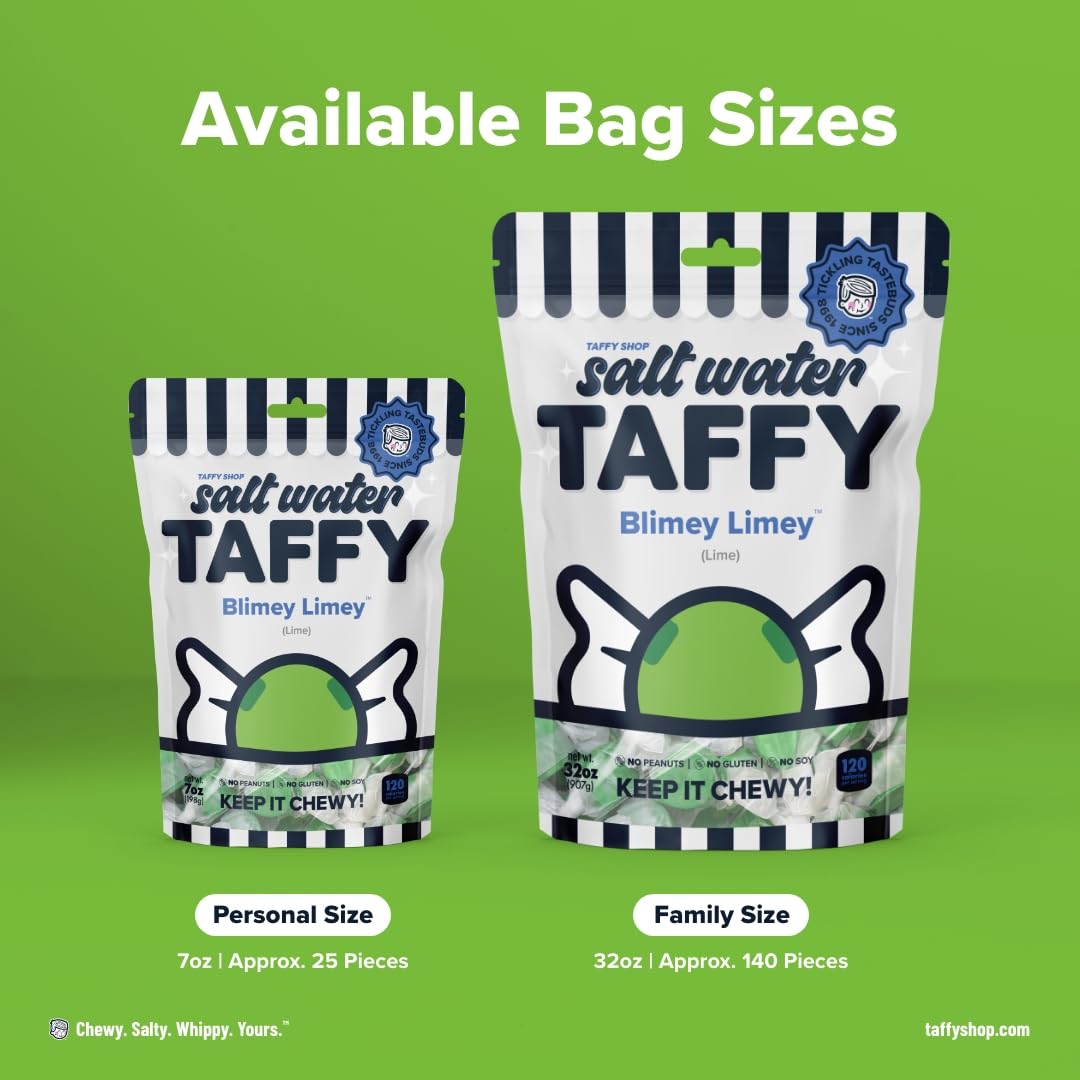 Taffy Shop Blimey Limey, Lime Salt Water Taffy - Gourmet Soft Chewy Candy, Bulk Sweet Snack, Fresh Gift & Gluten-Free, 35 Indivi