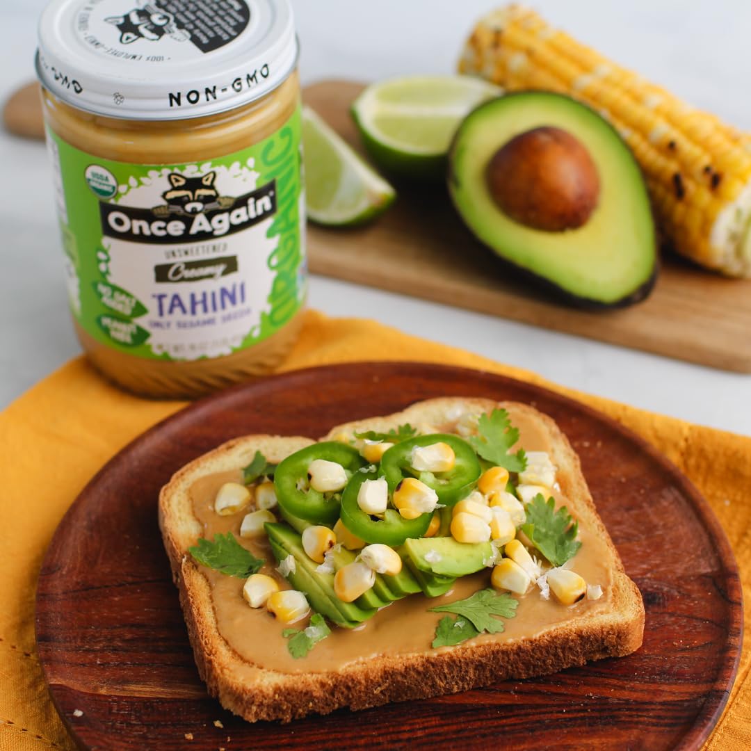 Once Again Organic Sesame Tahini, 16oz - Salt Free, Unsweetened - USDA Organic, Gluten Free, Vegan, Kosher, Peanut Free - Glass