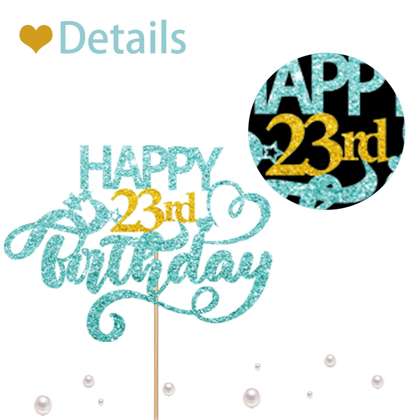 Sky Blue Glitter Happy 23Rd Birthday Cake Topper, Twenty Three Years Old Birthday Party Cake Decor, Gold Number 23 Birthday Part