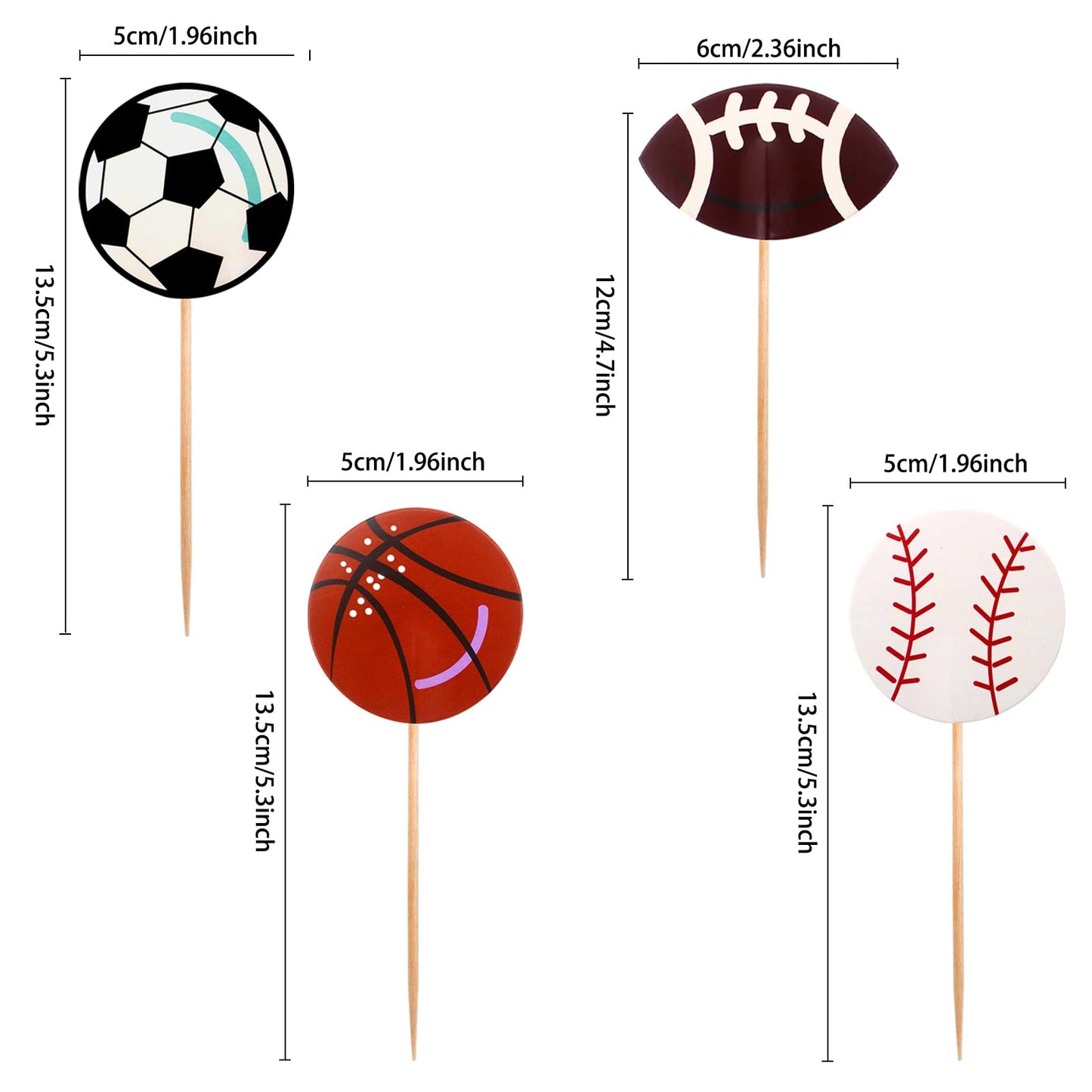 BLUE TOP Sports Ball Cupcake Toppers, 48 Pcs, 4.5 Inch, Paper Picks for Football, Baseball, Basketball, Rugby, Olympics Party Decor
