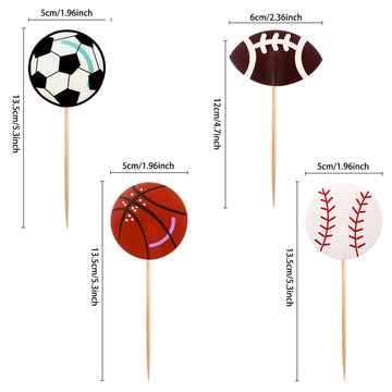 BLUE TOP Sports Ball Cupcake Toppers, 48 Pcs, 4.5 Inch, Paper Picks for Football, Baseball, Basketball, Rugby, Olympics Party Decor