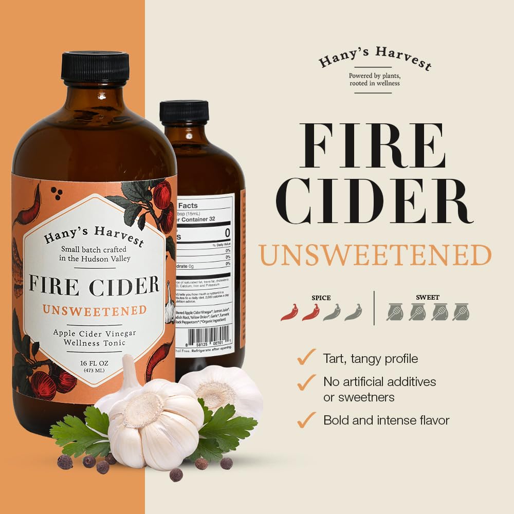 Hanys Harvest Fire Cider Tonic, Unsweetened, 32 Fl Oz, All Natural, Gluten-Free, Recyclable Bottle