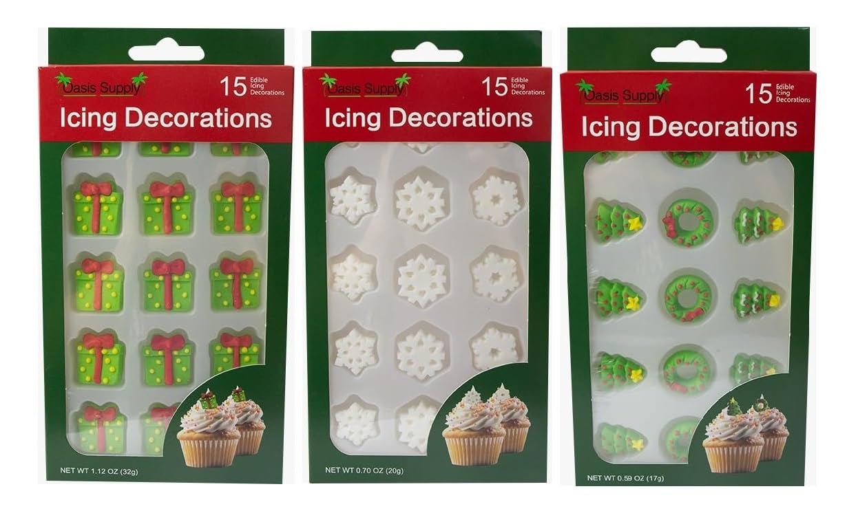 Oasis Supply Christmas Edible Cake Decorations, Assorted Royal Icing Candy/Cupcake Toppers, 45 Pieces