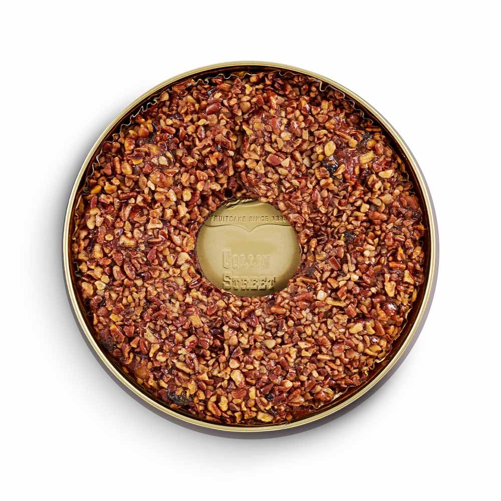 Collin Street Bakery Texas Blonde Pecan Cake in Collectible Gift Tin - 801 Regular Size 7    Cake with Chopped Pecans, Cherries,